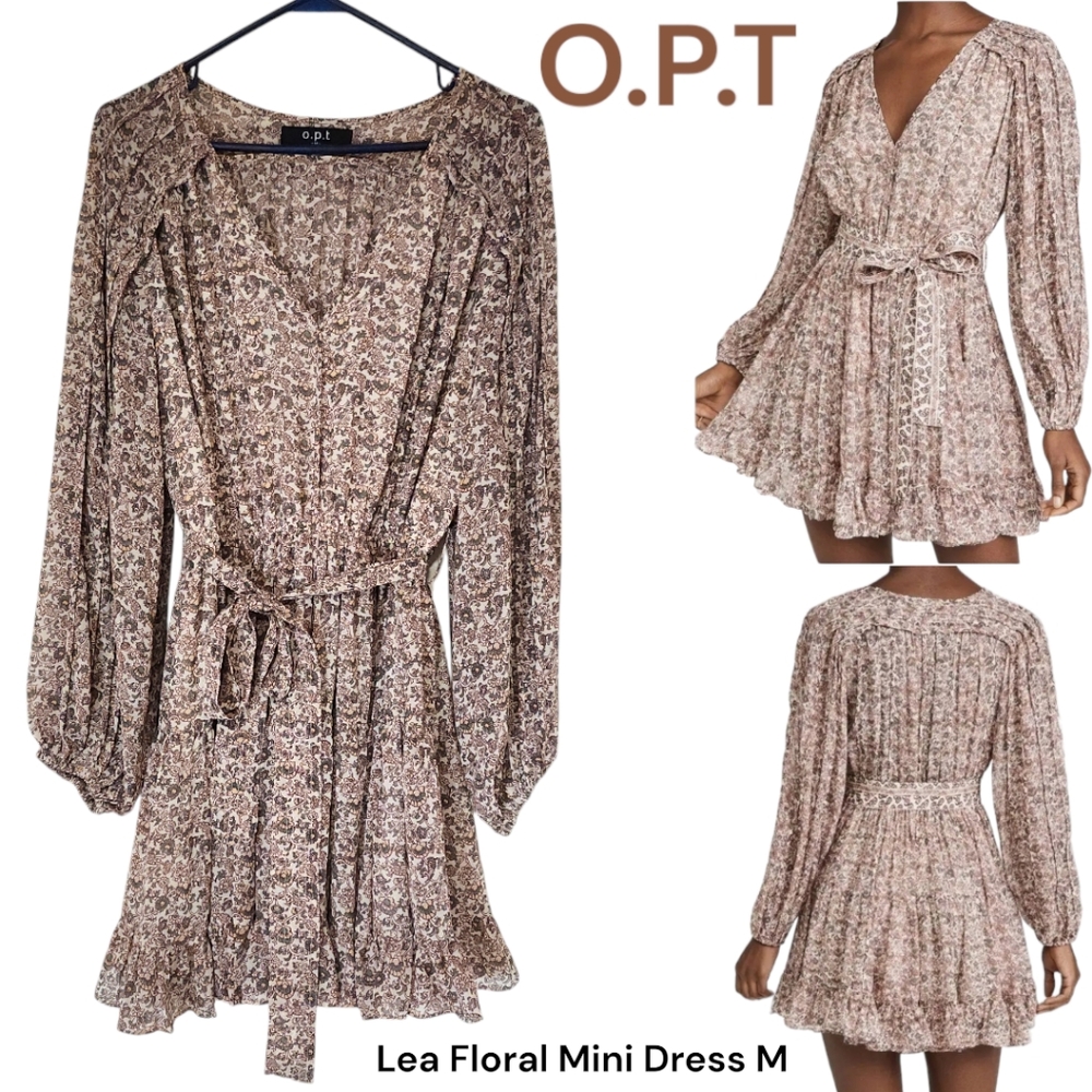 O.P.T. Women's Lea Floral Mini Dress Pink Green long-sleeve deep V-neck ruffle M